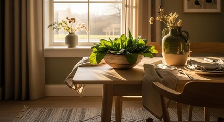 Sunlit Dining Arrangement Featuring Fresh Greens, Table Setting, And Natural Ambiance