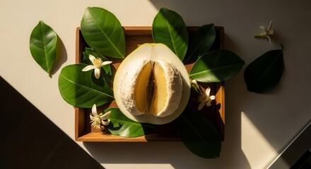 Sunlit Display of Pomelo Fruit, Leaves, and Flowers Artfully Arranged on Wooden Tray