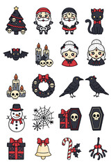 Spooky Dark and gothic Christmas Icon Set. Halloween Inspired Holiday clipart. Vector illustration