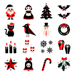 Collection of Spooky Christmas Clipart. Gothic Holiday Elements with Skeletons, Cats, Snowmen and Skulls. Gothmas vector illustration
