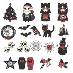 Set of Spooky Christmas Clipart. Gothic Holiday Elements with Skeletons, Cats, Snowmen and Skulls. Gothmas vector illustration
