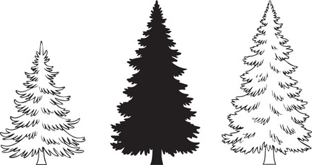 Three stylized evergreen trees in silhouette and outline on a white background