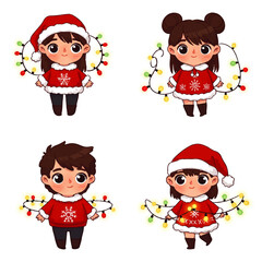 Four cartoon children dressed in Christmas attire, each adorned with festive lights.