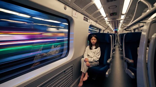 Passenger girl sits barefoot train. Youth commuter alone on seat. Female teenager watches window. Dreamer thinker feels speed. Traveler student gazes through night light. Teenager inside moving train
