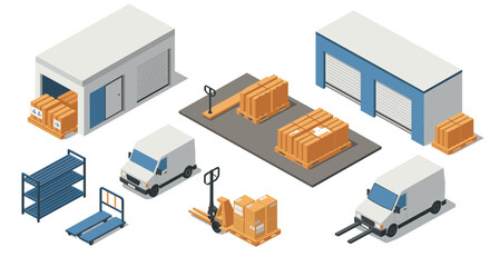 Obraz premium Isometric warehouse elements delivery trucks, pallets, forklifts, and storage units