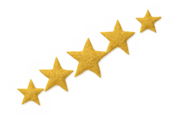 Gold stars creating a five-star rating, symbolizing customer feedback, quality, excellence, and success on a transparent background