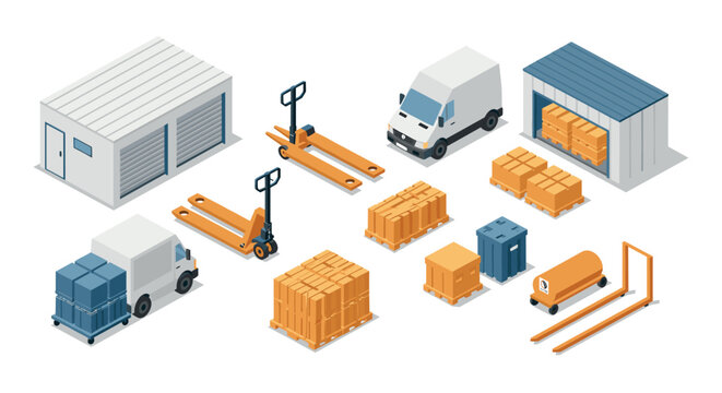 Isometric warehouse equipment and storage solutions for efficient logistics