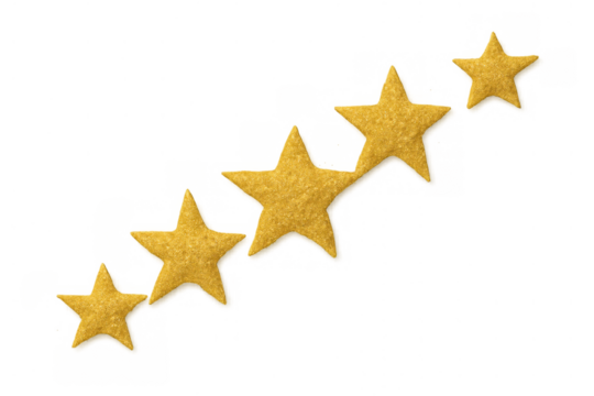 Gold stars creating a five-star rating, symbolizing customer feedback, quality, excellence, and success on a transparent background
