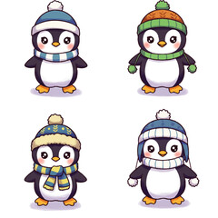 Four cute cartoon penguins wearing colorful winter hats and scarves, standing against a white background.