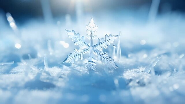 A closeup of a snowflake on a snowy surface. The snowflake is translucent, with intricate patterns that resemble snowflakes. The background is a soft blue.