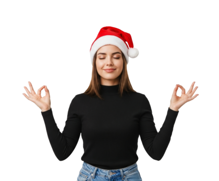 Smiling woman in santa hat meditating with closed eyes isolated on white background