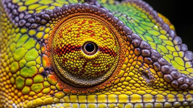 Stunning macro close up of a chameleon's vibrant eye, revealing intricate skin scales and brilliant colorful patterns on this unique reptile.