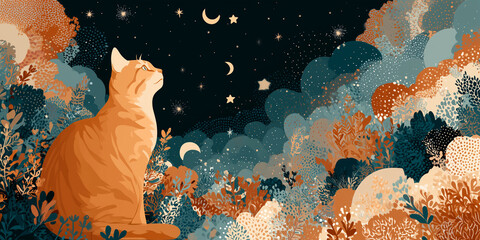 Orange cat gazing at the starry night sky surrounded by colorful abstract foliage
