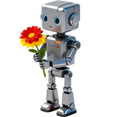 Charming silver robot holding a vibrant red and yellow flower, a sweet gesture of love and romance blending technology with nature