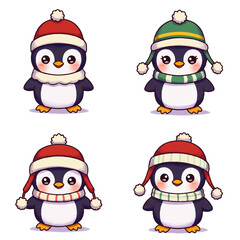 Four cute cartoon penguins wearing winter hats and scarves, standing in different designs.