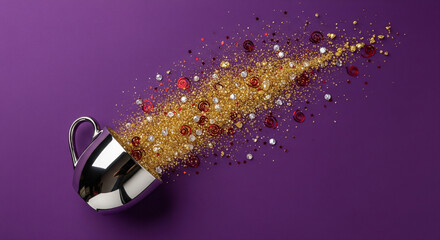 Spilled Glitter and Sequins from Metallic Cup on Purple Surface