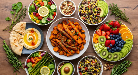 Vibrant Flat Lay of Plant-Based Whole Foods Dinner on Rustic Wooden Table
