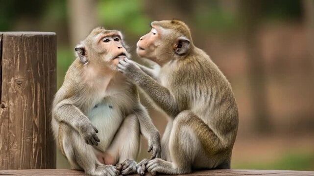 A close up image features two wild monkeys sitting together outdoors. One monkey gently grooms the other's face with its fingers, showing a natural bond.