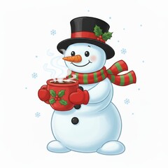 Joyful snowman holding warm cocoa, festive holiday cheer