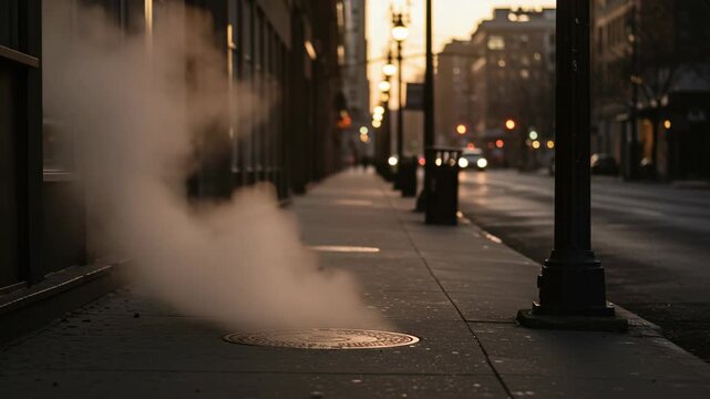 Steam rising from manhole on urban sidewalk at sunset  