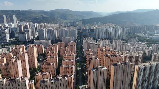 Aerial View of Xining City Skyline, Qinghai Province China
