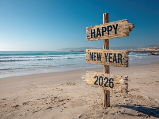 Happy new year 2026 signpost on a sandy beach with ocean waves