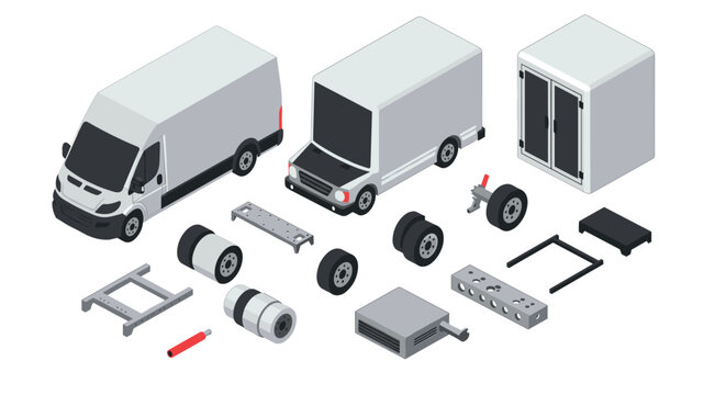 Isometric cargo van assembly kit with parts and components for customization