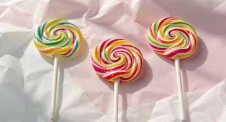 Three colorful spiral lollipops on a textured pink and white surface, overhead view