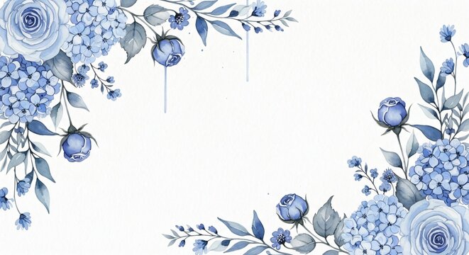 Elegant blue watercolor floral border with roses and hydrangeas on white background, botanical vintage invitation design