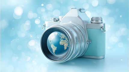 Retro Style Camera With Globe Reflected In Lens On Light Blue Background, Conceptual Illustration Of Global Photography, Travel Media Creativity And Worldwide Visual Communication In Modern Design