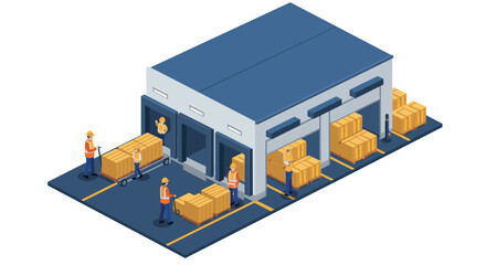 Isometric warehouse operation with workers and cargo boxes in a cargo depot