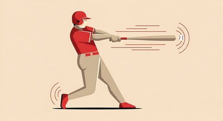 Baseball player swinging bat with motion lines and sound waves.