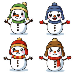 Four cheerful cartoon snowmen wearing hats, scarves, and mittens, smiling.