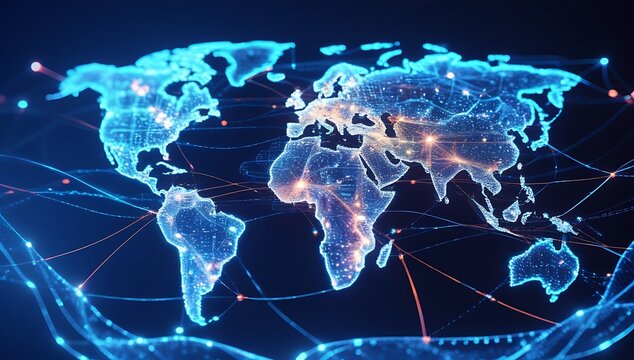 Global Network Communication Concept with World Map and Connected Points in Digital Blue Technology Design