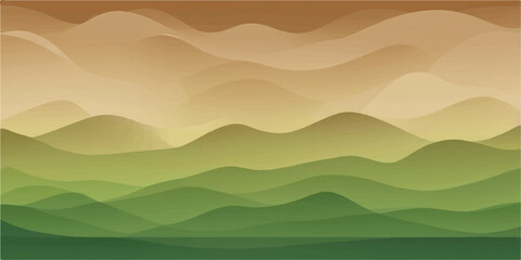 Summer vector illustration of green mountain landscape with trees, blue sky, and clouds at sunrise