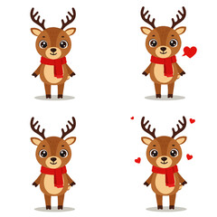Four cartoon reindeer illustrations, each wearing a red scarf, with varying expressions.