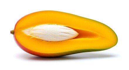 Perfectly Halved Ripe Mango Revealing White Seed, Vibrant Yellow Flesh, Isolated on White