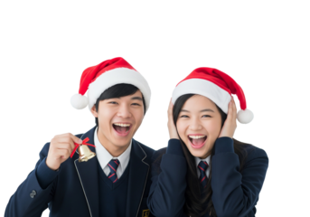 Two Smiling Students in Santa Hats Holding Bell