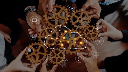 A group of diverse professionals join hands around interconnected gears, symbolizing teamwork and innovative strategies in a collaborative business environment. Raster