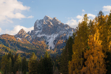 Landscape autumn in the Dolomites in Italy, beautiful lake Antorno in the Dolomite mountains, Tre Cime di Lavaredo national park in Italy in autumn.