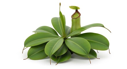 Vibrant Nepenthes Pitcher Plant with Distinctive Red-Rimmed Trap and Lush Green Leaves, Isolated on White Background