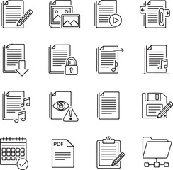 Document and file management icons in outline style pencil writing