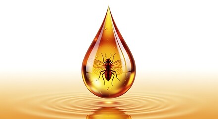 Golden Amber Droplet Encapsulating Insect Above Rippling Liquid Surface