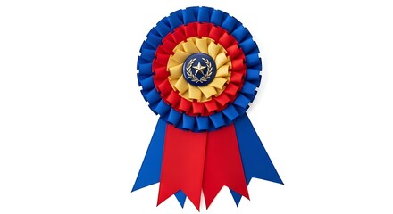 Vibrant Red, Blue, Yellow Rosette Award Ribbon with Gold Star and Laurel Wreath