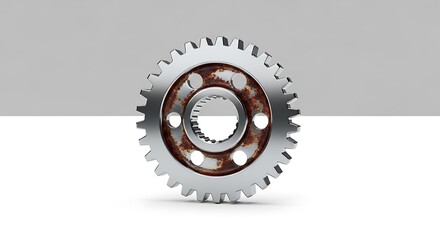 Industrial Gear: Rusty Core, Polished Teeth on Split Background