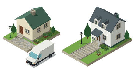 Isometric modern houses with delivery truck and street lamps
