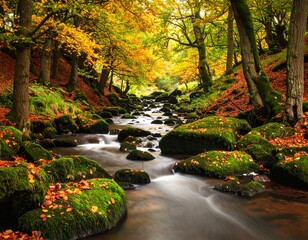 Autumnal forest stream flowing through mossy rocks