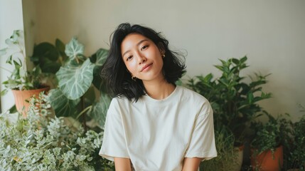 authentic portrait of young asian woman in white t-shirt at living room with plants