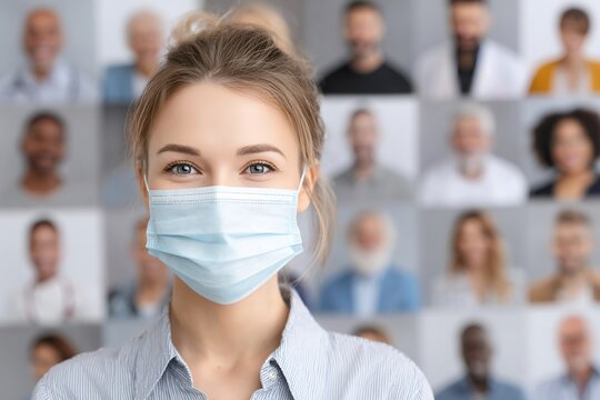 Young woman wearing a protective mask smiles confidently in front of a blurred background of diverse faces, symbolizing community support and resilience during health challenges - Powered by Adobe