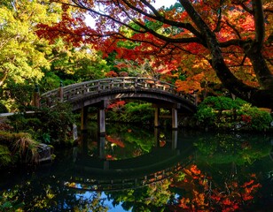Autumnal garden with arched bridge